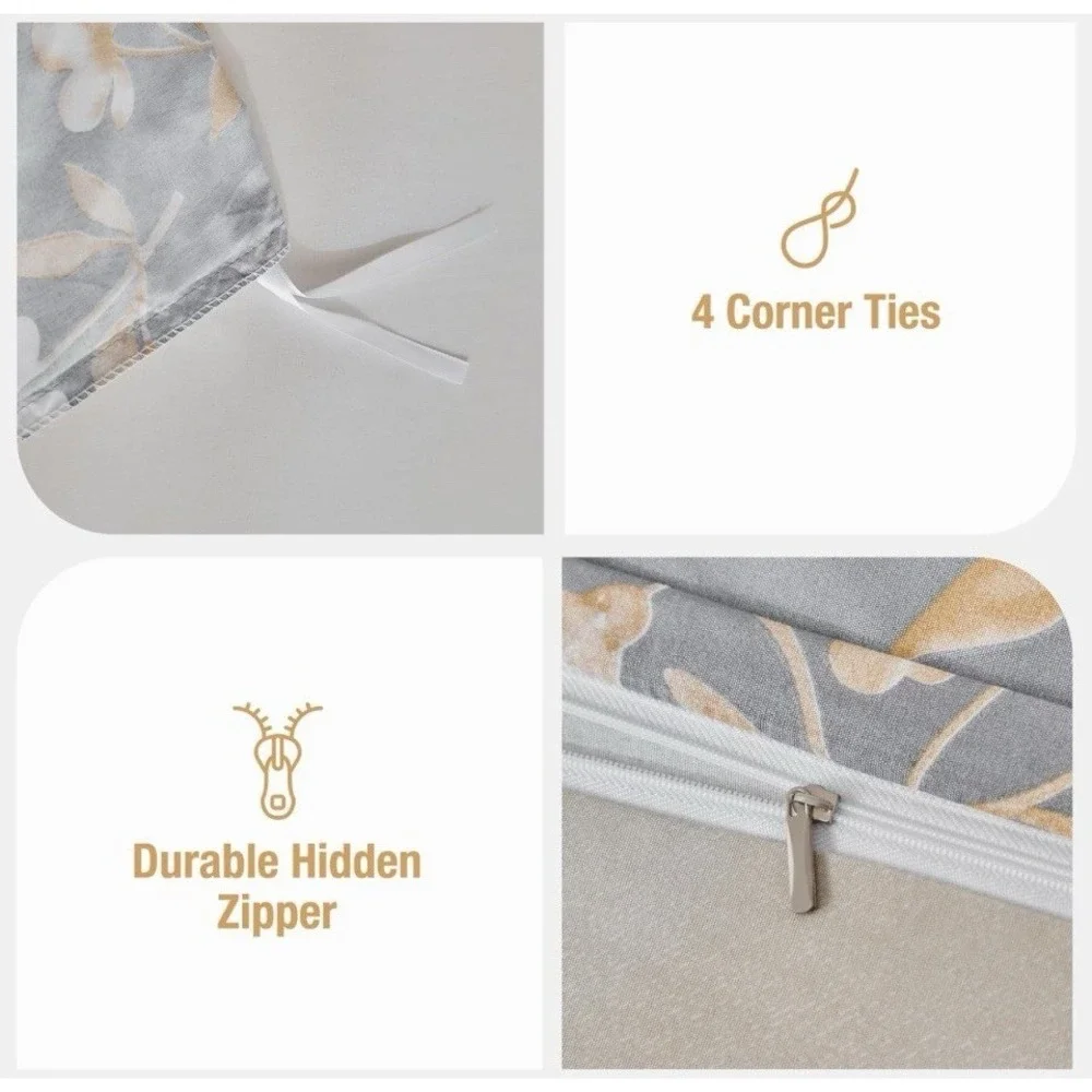Duvet‎ Cover King Floral Blue Gold Microfiber Reversible Zipper